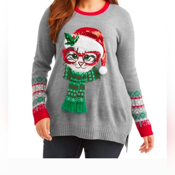 Diva Crazy Cat glasses Lady Sequin Kitty Holiday gray Sweater pullover Plus 4X - Picture 1 of 10